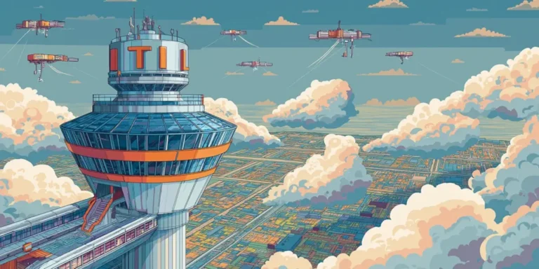 Illustrated ITIL control tower rising above a digital landscape representing the ITIL (Version 5) framework
