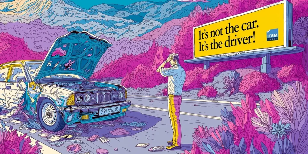 AI agent deployment failure concept illustration showing a man standing beside a crashed car reading a billboard that says "It's not the car. It's the driver!" with the ITSM.tools logo