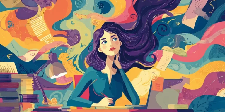 Illustrated woman at a desk with a laptop and stack of books, surrounded by swirling colourful shapes representing ideas and creativity