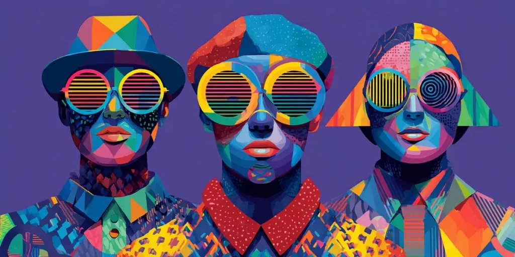 Bold pop-art illustration of three geometric figures in shutter shades, representing agentic AI concepts in ITSM