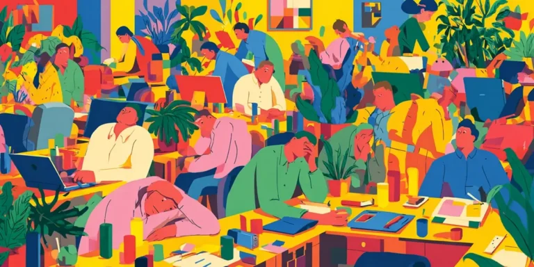 Colorful illustration of an overloaded office team, with workers slumped at desks and others buried in tasks, depicting ERP capacity strain