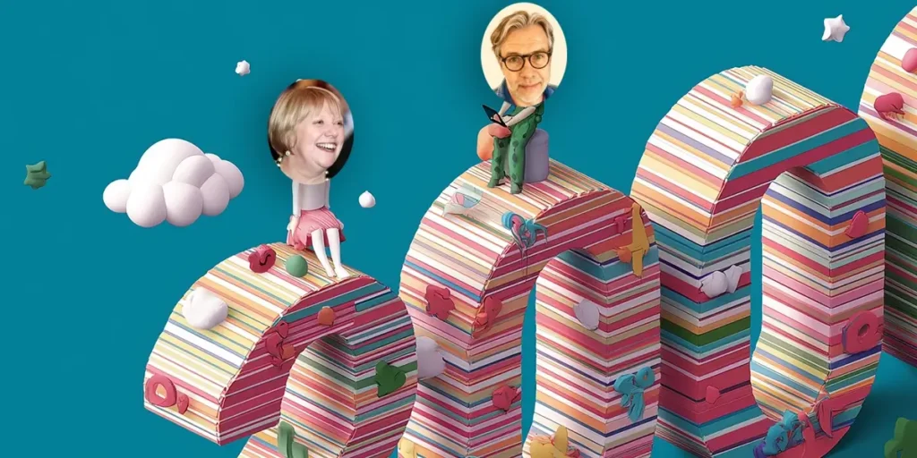 Illustrated header showing Lynda Cooper and Roman Zhuravlev as stylized figures seated on large colorful 3D letters representing ISO 20000