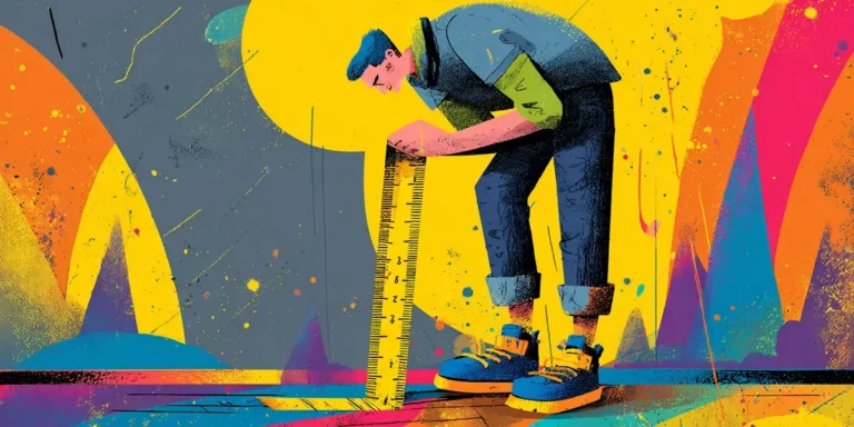 Illustrated figure measuring with a large ruler, representing flow metric measurement in IT service management rather than just SLA use