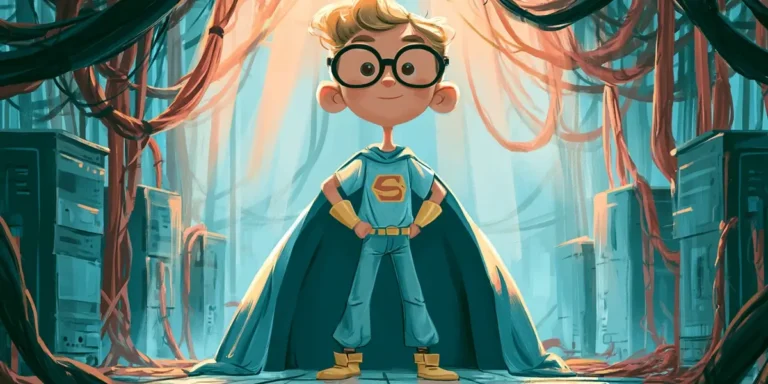 Cartoon child dressed as a superhero standing in a server room representing ITSM heroics culture
