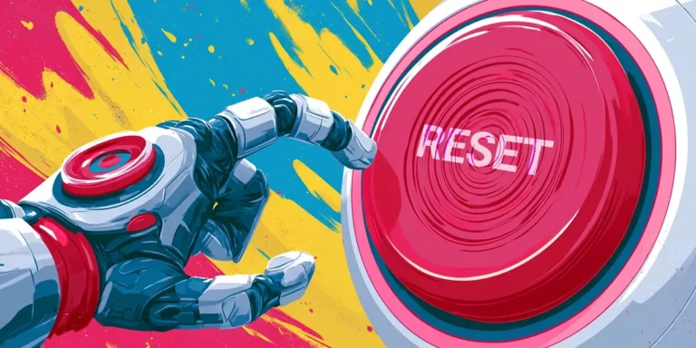 Robotic hand pressing a large reset button representing the ITSM reset for AI service management