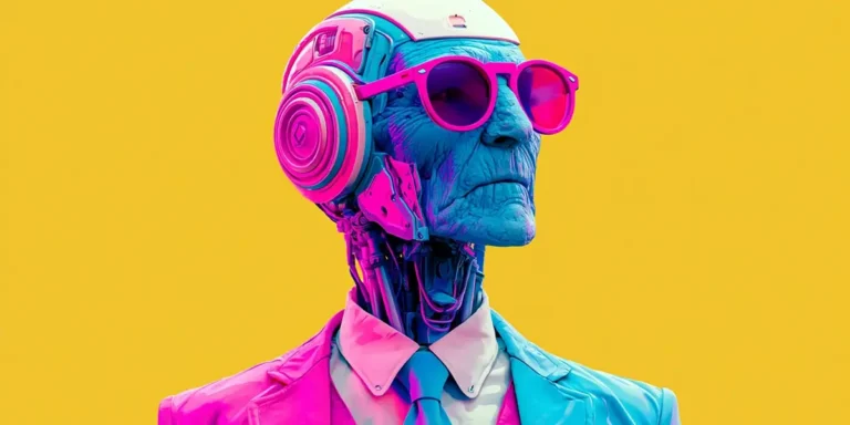 Illustrated aging robot in a business suit and sunglasses, representing operational maturity in AI-driven IT service management