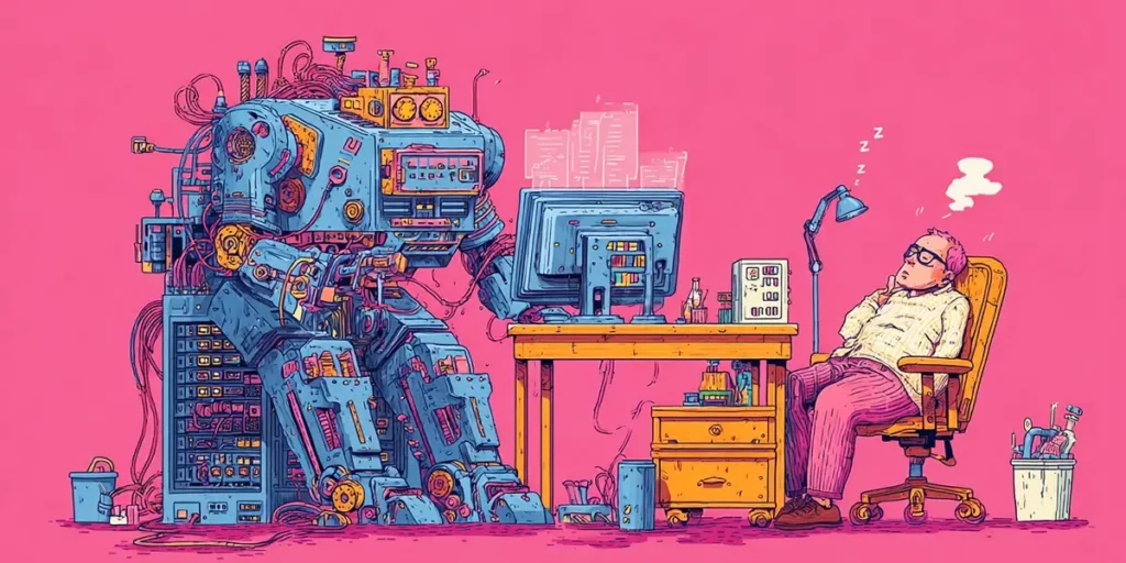 Self-healing ITSM concept illustration showing a large AI robot working at a computer while a manager sleeps in a chair beside the desk