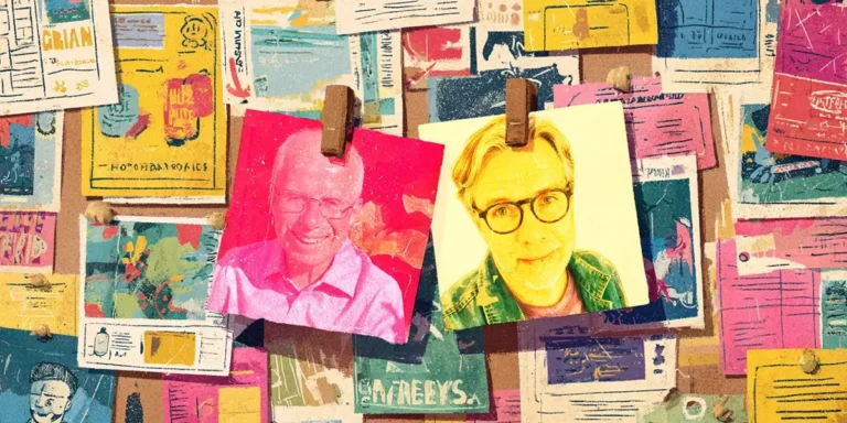 Two portrait photos pinned to a corkboard covered in colorful notes and papers, representing Daniel Breston and the service management story