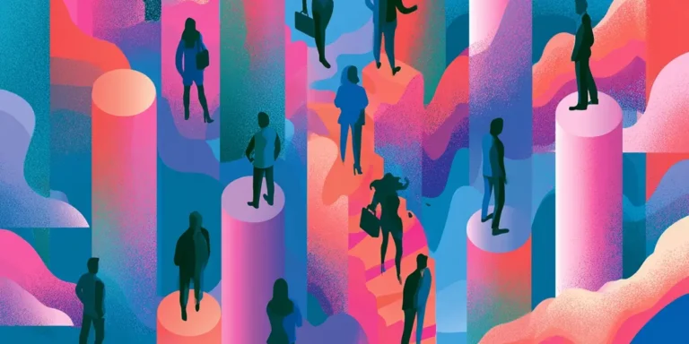Illustrated figures standing on pillars of varying heights, representing simulation-based learning and decision-making in ITSM training