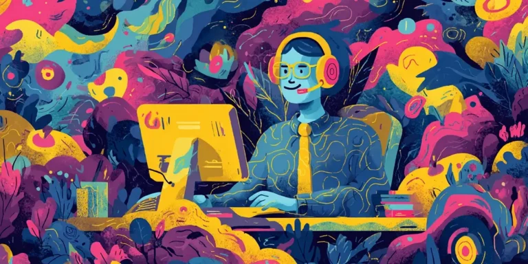 Illustrated IT support agent at a computer with headset, representing AI-driven service desk operations in a ticketless enterprise