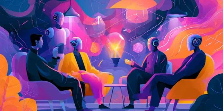 Illustrated humans and AI robots in a meeting representing Agentic AI in ITSM collaboration