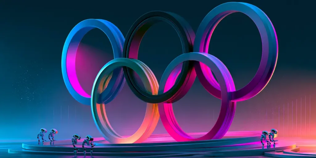 Olympic rings illustration with small AI robot agents standing beside them, representing agentic AI coordination in ITSM