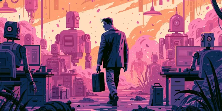 Illustration of an IT professional walking through an office full of robots, representing the always-on AI question of why human staff are still needed
