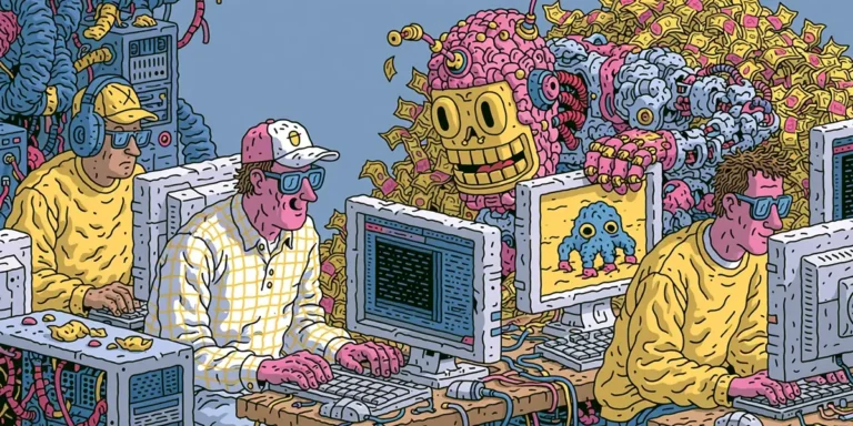 Illustration of IT workers at old computer terminals facing a large AI creature made of cash, representing uncontrolled AI software spend in asset management