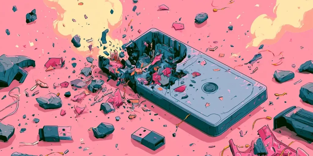 Illustration of a shattered USB drive breaking apart, representing data loss from a deleted partition