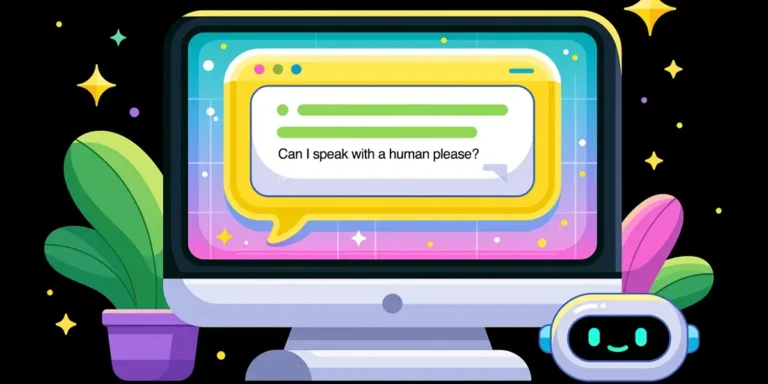 Illustration of a chat window reading "Can I speak with a human please?" next to a smiling AI chatbot icon, representing employee experience with AI-supported IT chat