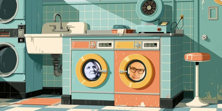 Two portraits set into vintage washing machine windows, illustrating AI and humanising IT