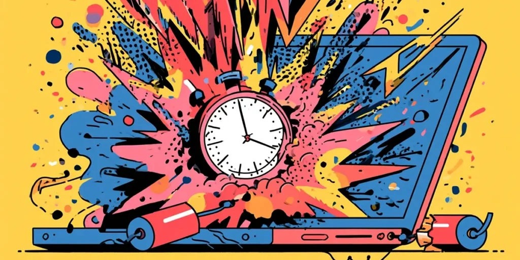 Illustrated laptop exploding with a stopwatch representing IT asset handoff failures in ITSM onboarding