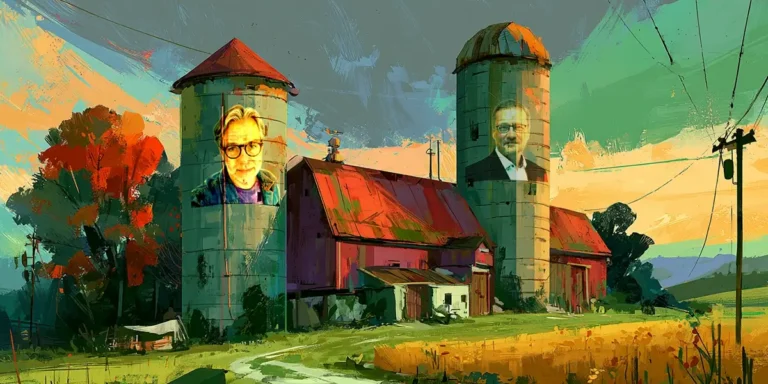 Two grain silos on a farm, each displaying a portrait, representing silos in IT service management