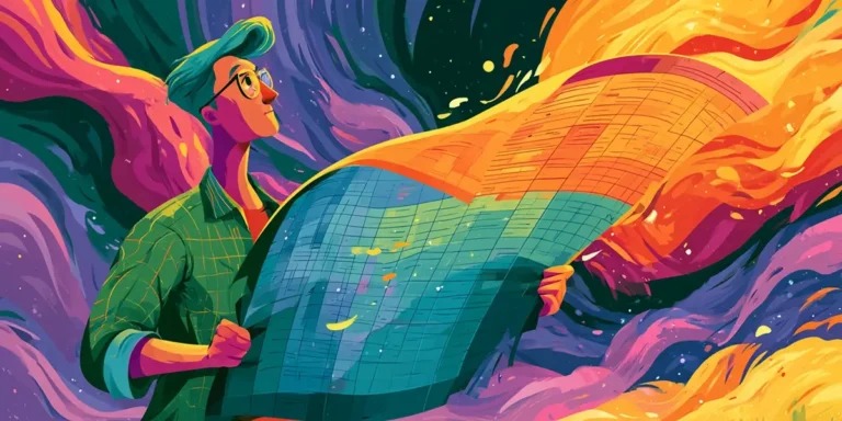 Illustrated figure holding a large spreadsheet in a swirling colourful environment representing outdated ITAM spreadsheet tracking