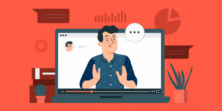 Illustration of a person presenting an ITSM webinar on a laptop screen, with a live chat bubble and audience engagement icons