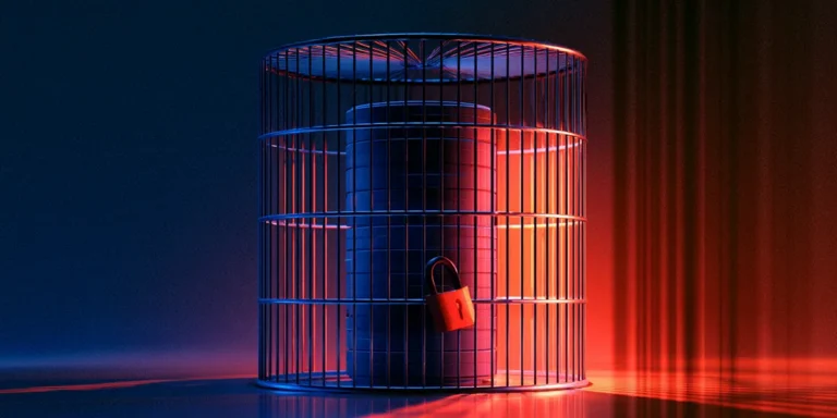 Database server locked inside a metal cage, representing data control under on-premises ITSM