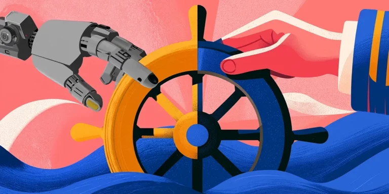 Robotic and human hands sharing a ship's wheel, representing human oversight of AI services
