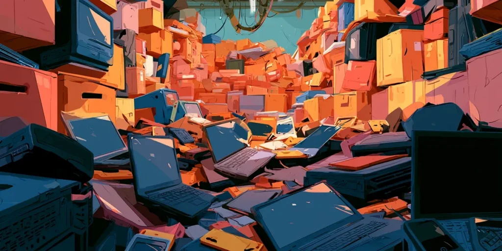 Illustrated warehouse piled with laptops and boxes representing untracked shared device handoffs in ITSM