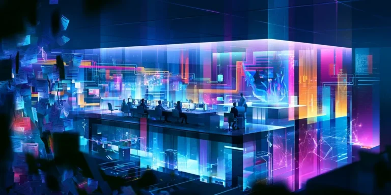 Futuristic glowing office with digital workers automating ITSM tasks