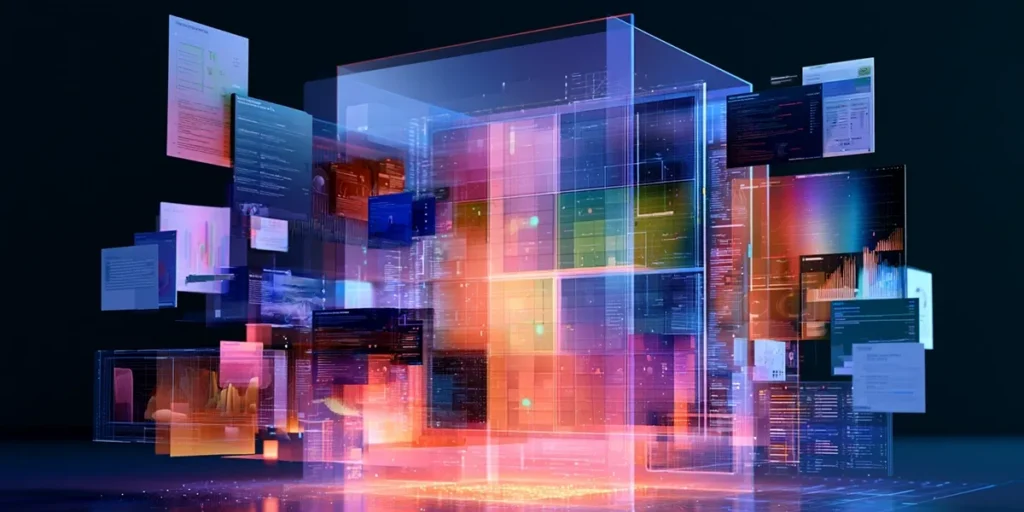 Abstract digital cube with floating interface panels representing free Gartner Magic Quadrant and analyst reports for ITSM