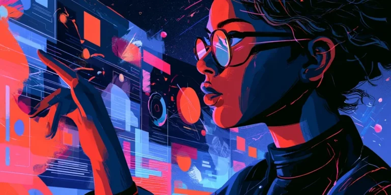 Illustrated young professional with glasses interacting with a digital interface representing hiring for potential over experience