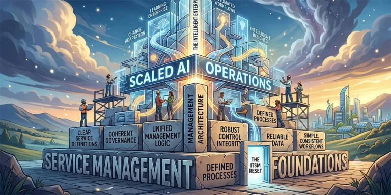Illustration of workers building a stone foundation labeled "Service Management Foundations" beneath towers reading "Scaled AI" and "Operations," representing the architecture needed for the intelligent enterprise