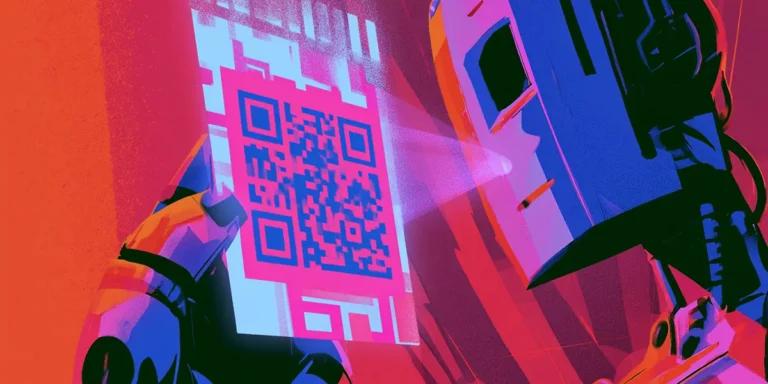 Robot scanning a QR code, representing self-service IT help desk support via QR codes