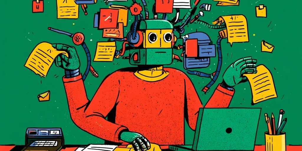 Illustrated robot multitasking at a desk with documents and notes representing ITSM AI agent data overload