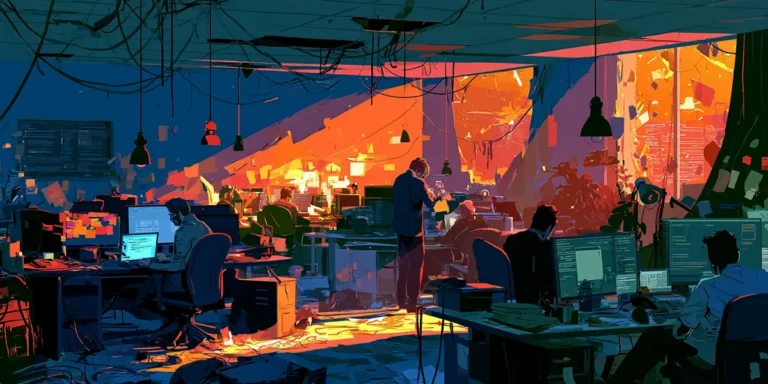 Illustration of an overwhelmed, cluttered office with tangled cables and scattered papers, representing legal and operations workflows before extending ITSM discipline