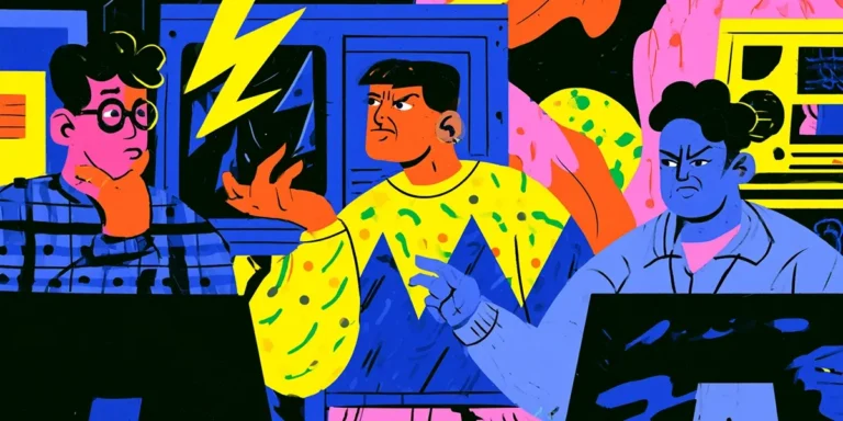 Three IT team members arguing during an outage, illustrating vendor blame in multi-vendor outages