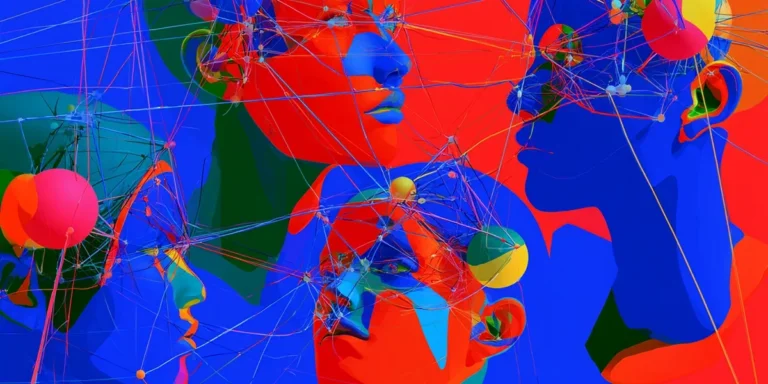 Abstract illustrated network of interconnected nodes overlaid on human silhouettes representing agentic AI governance and multi-agent systems