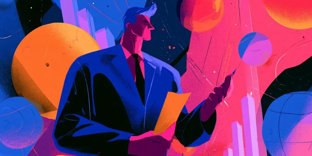 Illustrated business analyst in a suit holding documents amid abstract data spheres representing ITIL 4 business analysis management