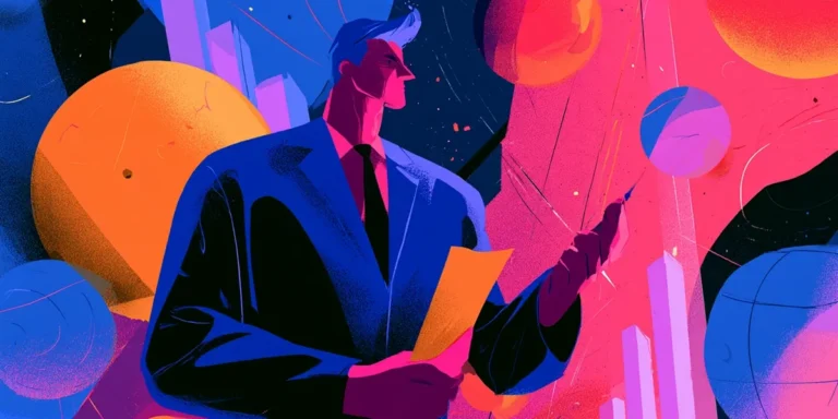 Illustrated business analyst in a suit holding documents amid abstract data spheres representing ITIL 4 business analysis management