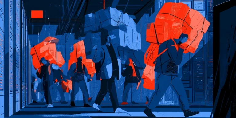 Illustrated IT workers carrying heavy fragmented loads through a server corridor representing increased ITSM work levels after AI adoption