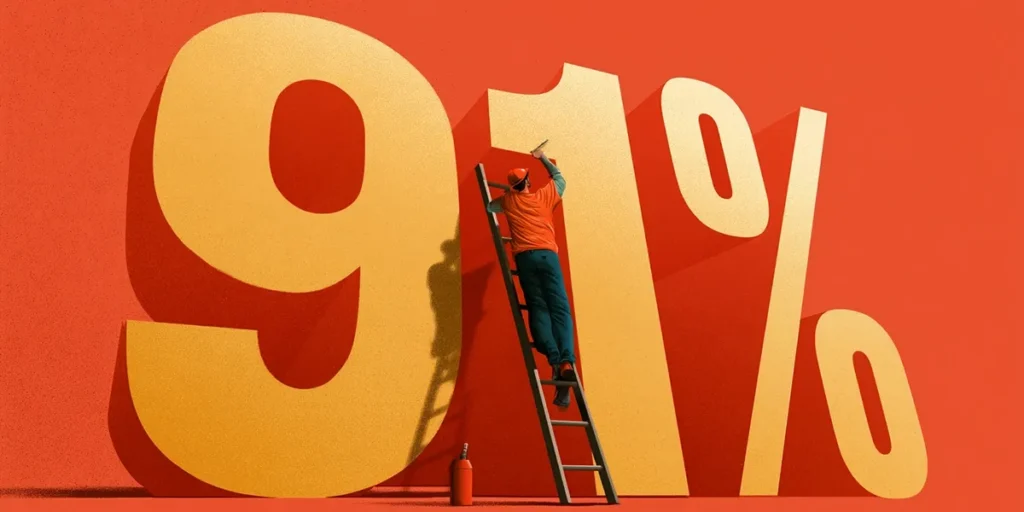 Illustrated worker on a ladder painting a large 91 percent figure representing inflated first-contact resolution from ITSM licensing gaps