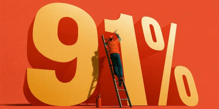Illustrated worker on a ladder painting a large 91 percent figure representing inflated first-contact resolution from ITSM licensing gaps