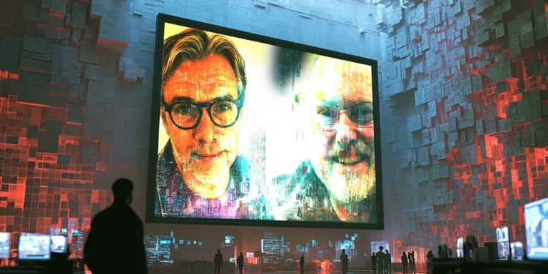 Two professionals on a large screen in a vast digital archive room representing fragmented service management and the Conversations with Giants interview with David Cannon