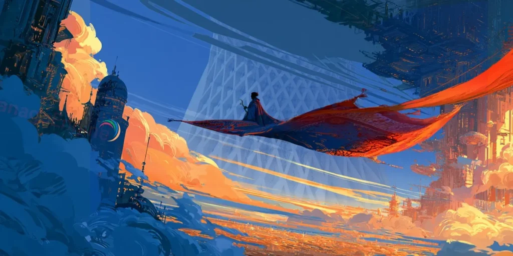Illustrated figure on a flying carpet soaring over a futuristic city representing the independent journey of introducing ServiceDesk Plus to Iran