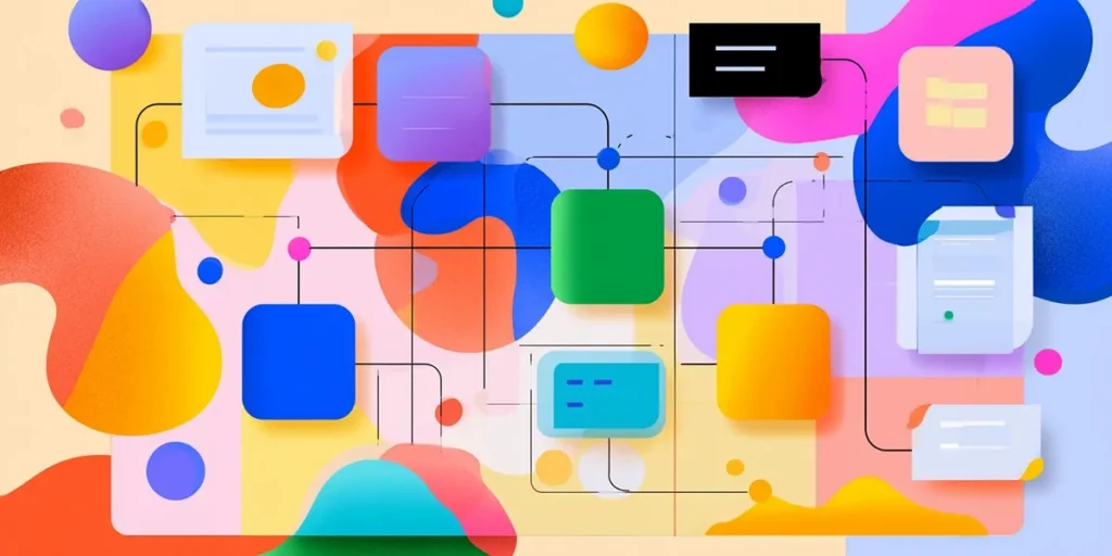 Colourful illustrated workflow diagram with connected nodes representing a custom Slack ticketing workflow
