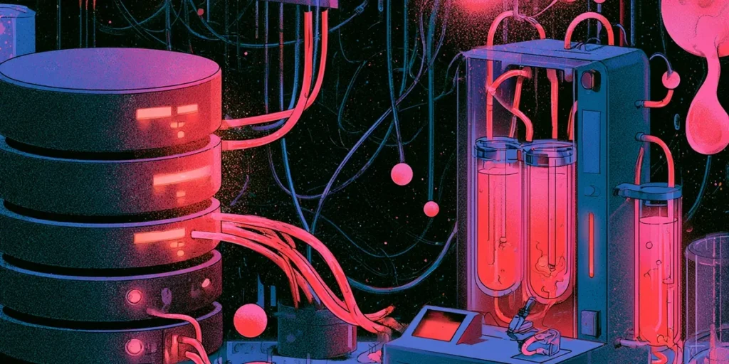 Illustrated database stack connected to medical dialysis equipment representing CMDB data filtration and accuracy