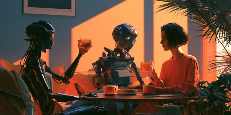 Illustrated robots and a human having a conversation over drinks representing conversational ITSM and AI agent collaboration