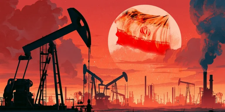 Illustrated oil pump jacks and industrial smokestacks against a red sky with the Iranian flag representing ITIL adoption in Iran's oil and gas industries
