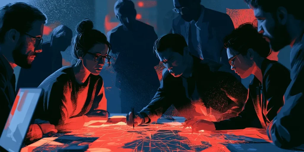 ITSM transformation team of professionals leaning over a table lit by glowing red lines while planning together
