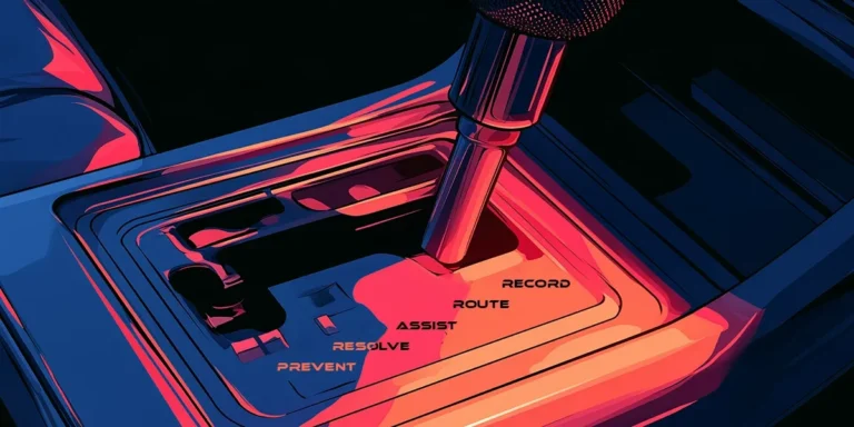 Illustrated gear shift with labels Record Route Assist Resolve Prevent representing the service desk automation outcome ladder